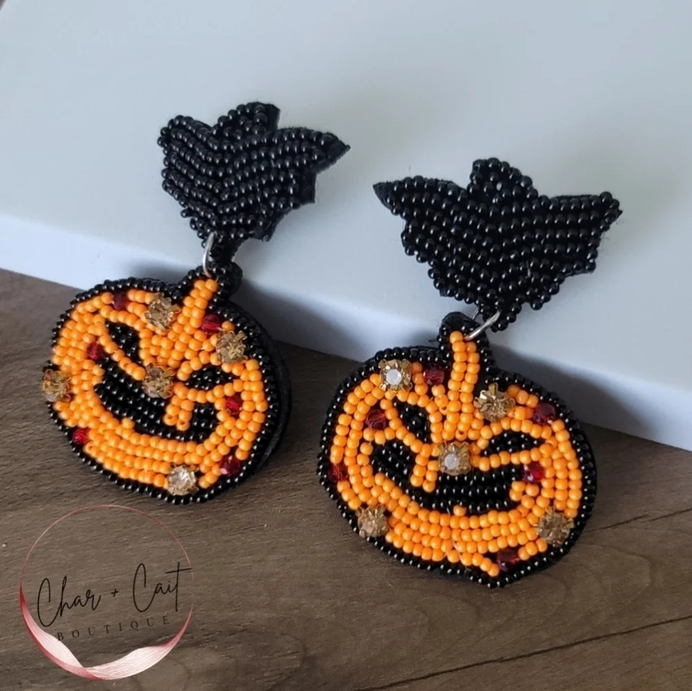 Beaded Halloween Pumpkin and Black Bat Earrings